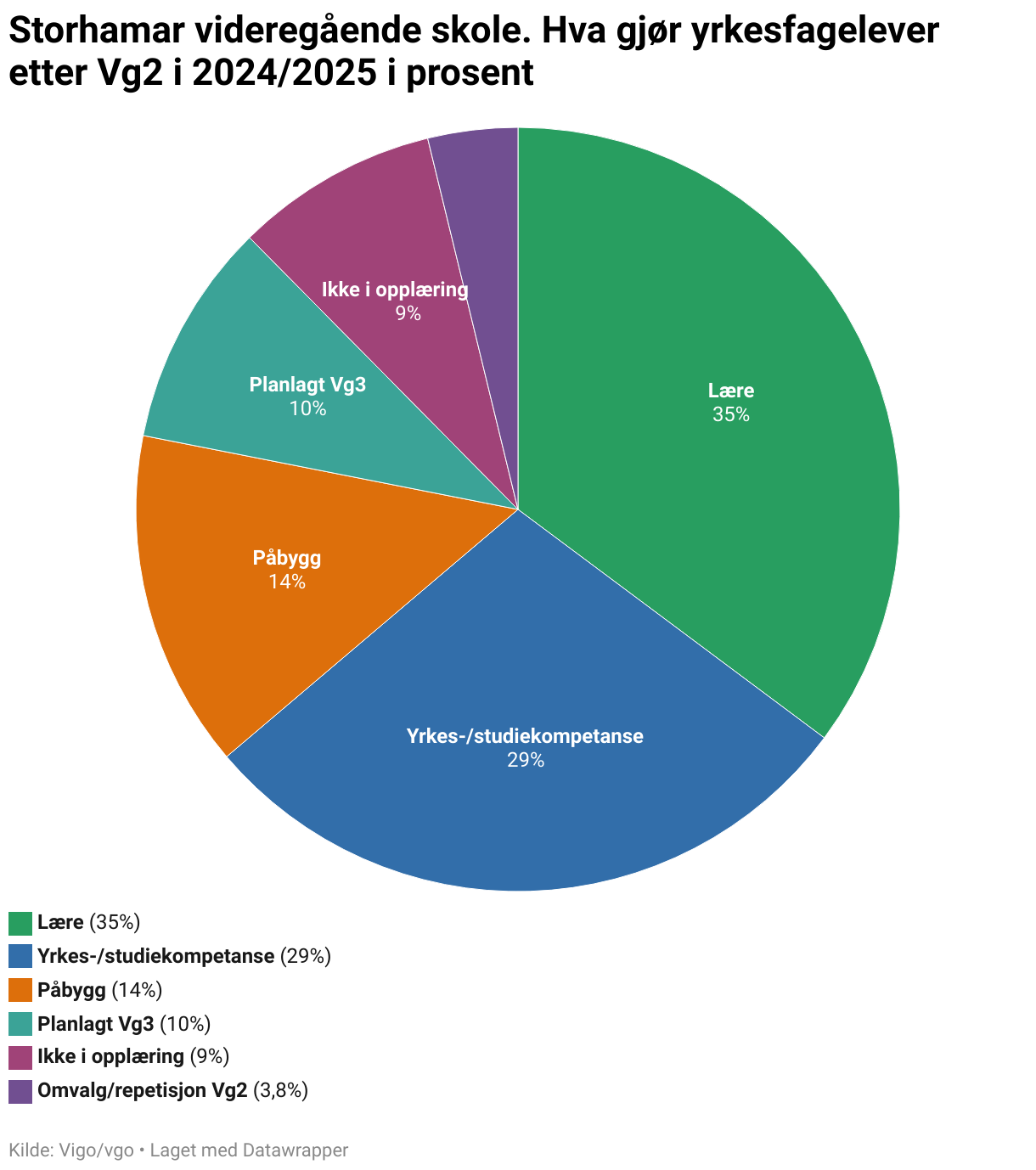 Storhamar videregående skole. Hva gjør yrkesfagelever etter Vg2 i 2024/2025 i prosent (Pie Chart)