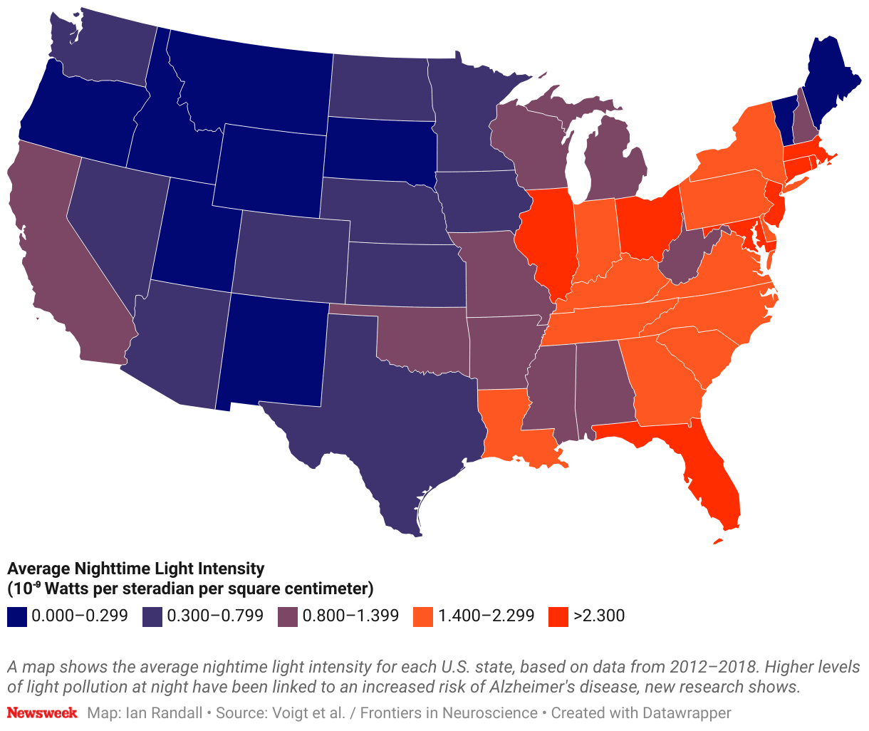 A map shows the average nightime light intensity for each U.S. state, based on data from 2012–2018; click on individual states for more detailed information.