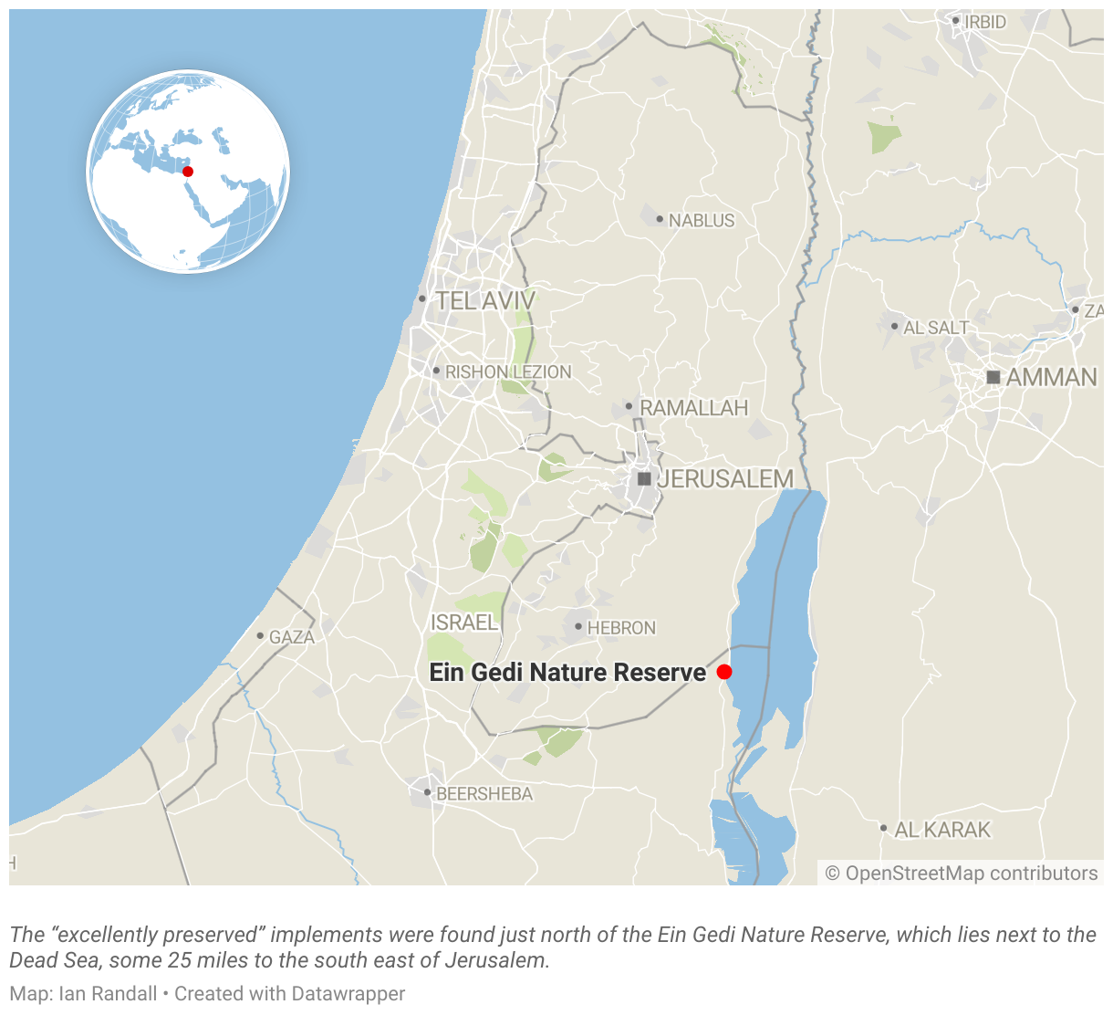 A map of Israel, showing the location of the Ein Gedi Nature Reserve, near where the Roman weapons cache was found.