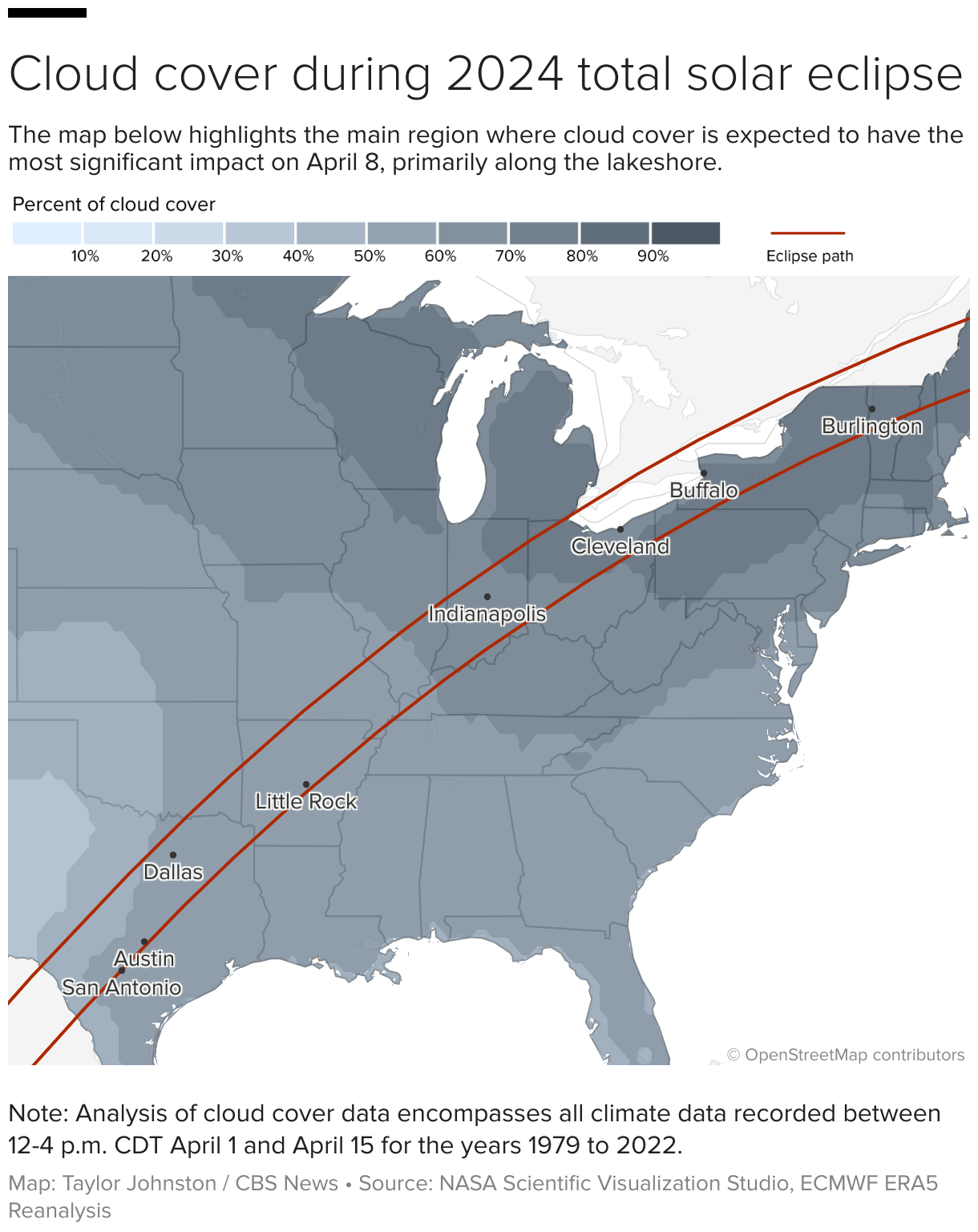 A map of the United States showing the percentage of cloud cover in different areas of the eclipse path on April 8.  The lakeside area will be mainly affected. 