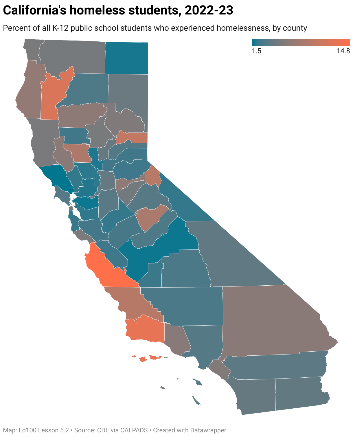 California's homeless K12 students, by county
