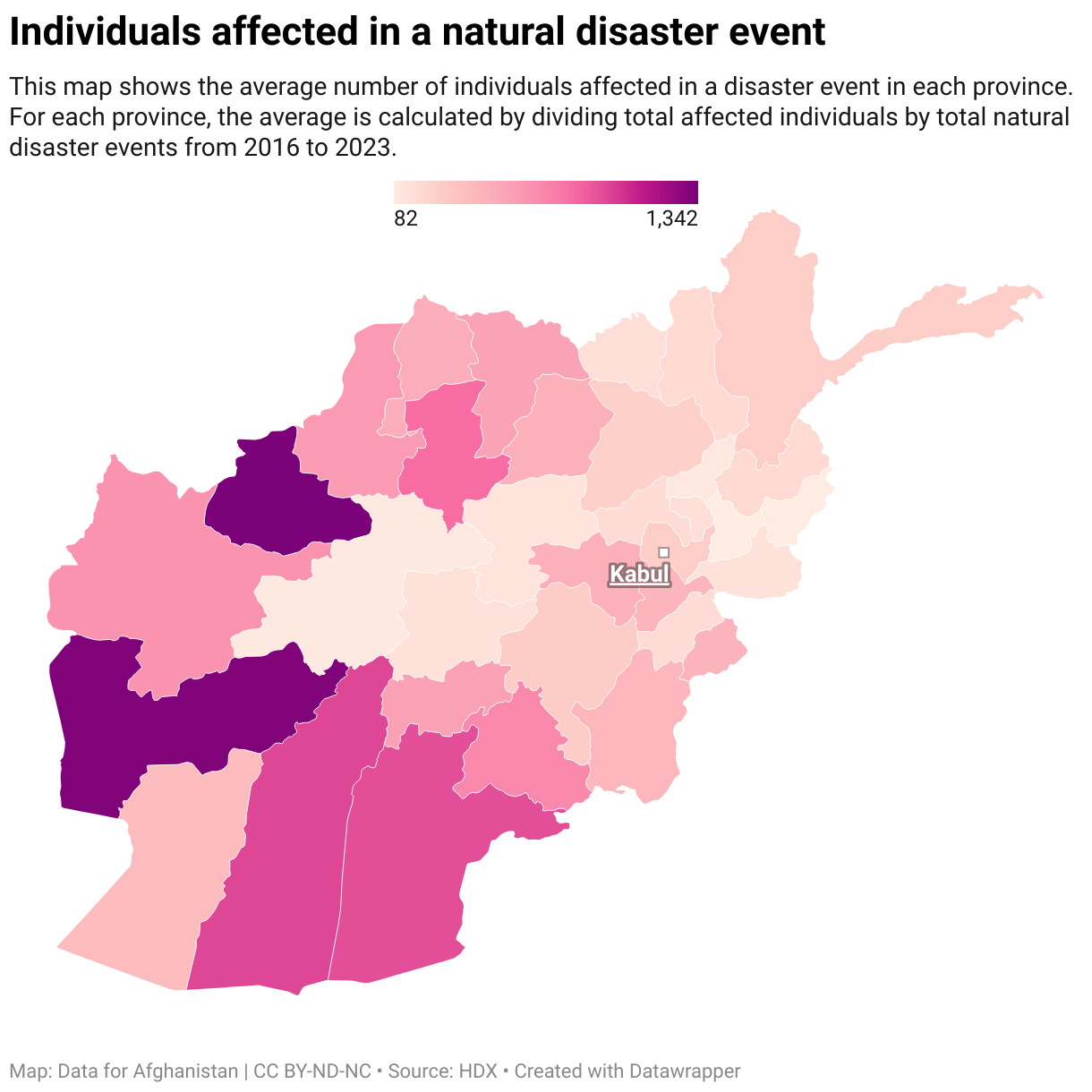 This map shows the average number of individuals affected in a disaster event in each province. The average is calculated by dividing total affected individuals by total natural disaster events from 2016 to 2023.