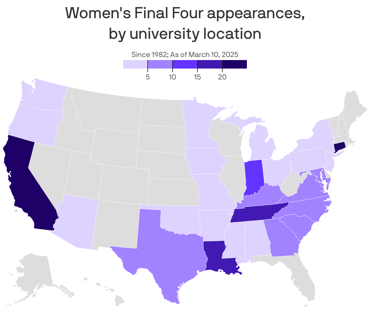 Map showing the most appearances in the women's Final Four, by university location. Schools from California, Tennessee and Louisiana have gone to the Final Four more than 15 times. 