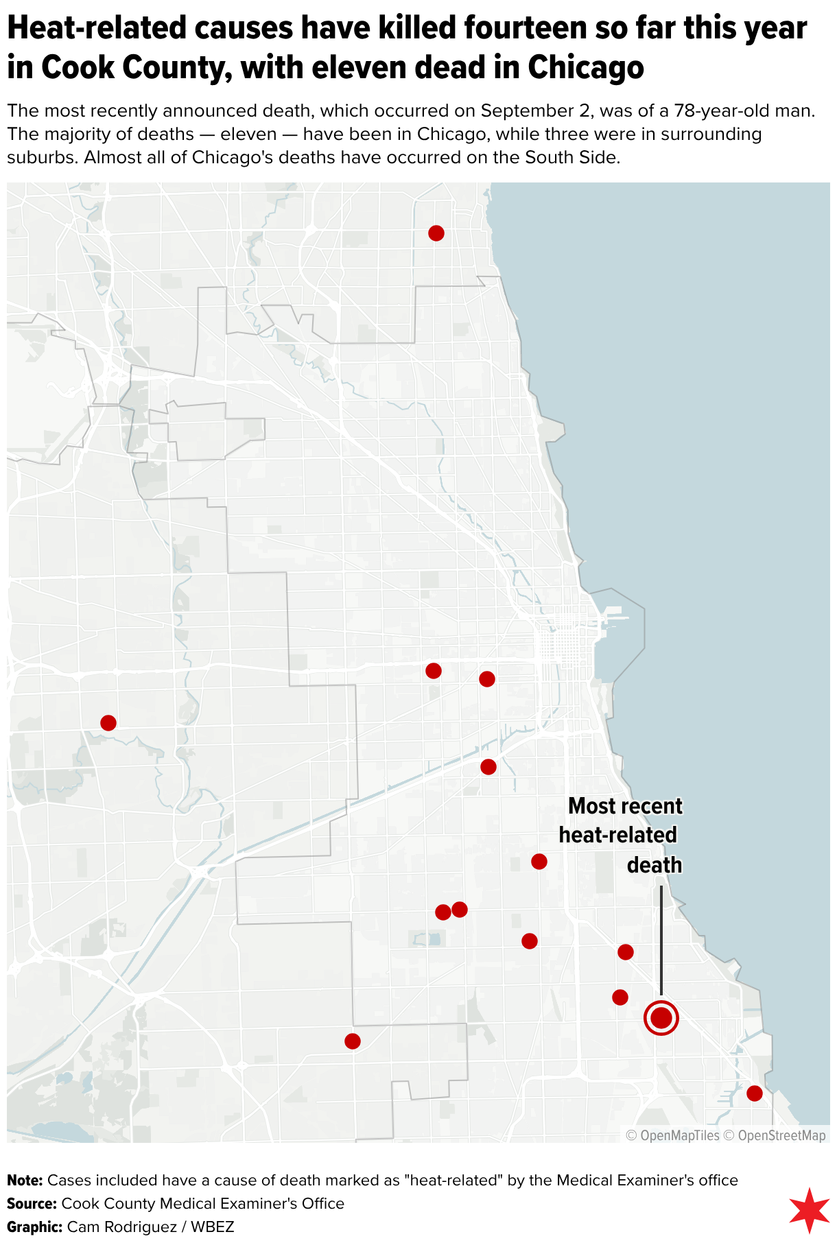 Heat-related causes have killed fourteen so far this year in Cook County, with eleven dead in Chicago (Locator map)