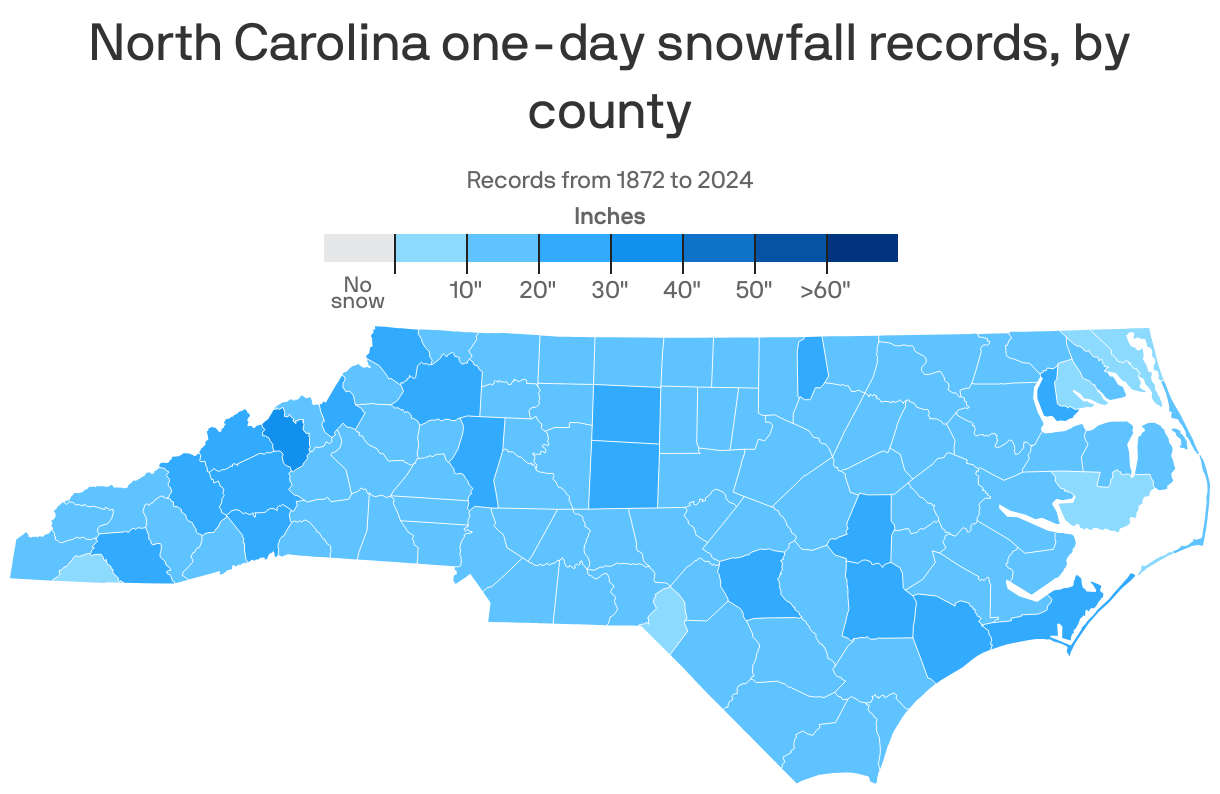 A map showing the one-day snowfall maximums in each county in North Carolina. The largest snowfall was 36 inches in Yancey county on March 13, 1993.