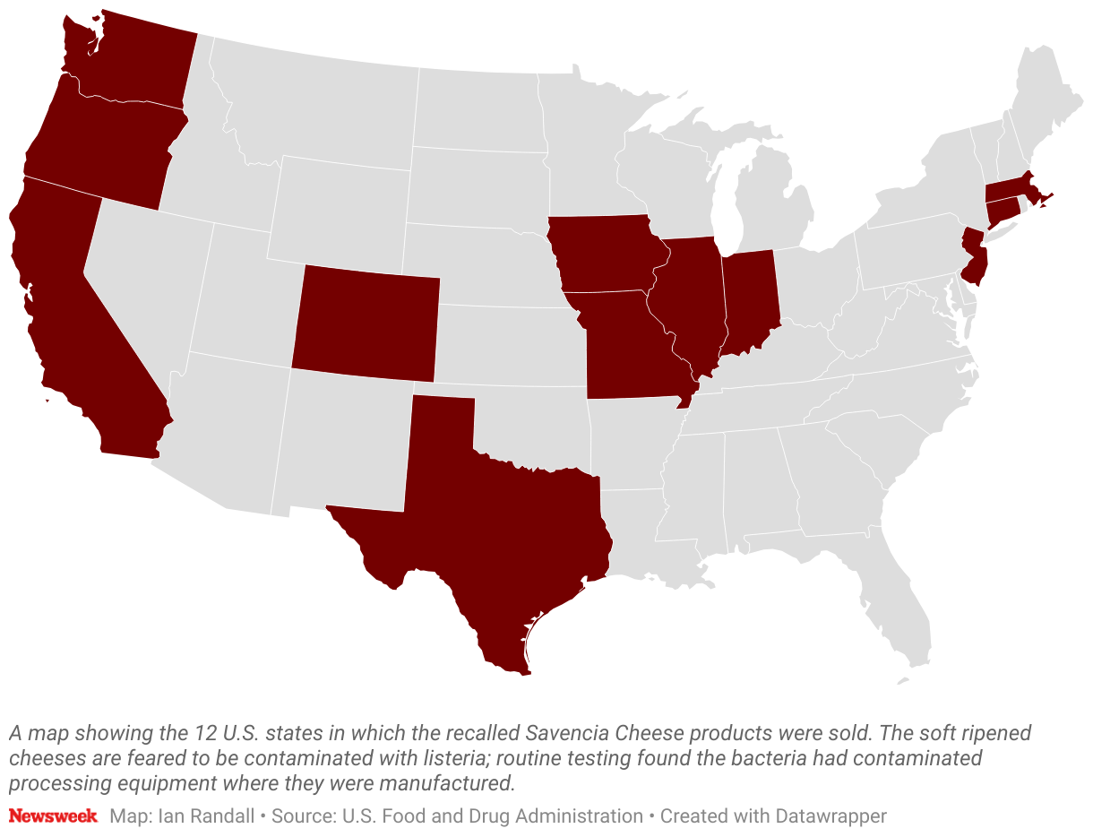 A map showing the 12 U.S. states where the recalled Savencia cheese products were sold.