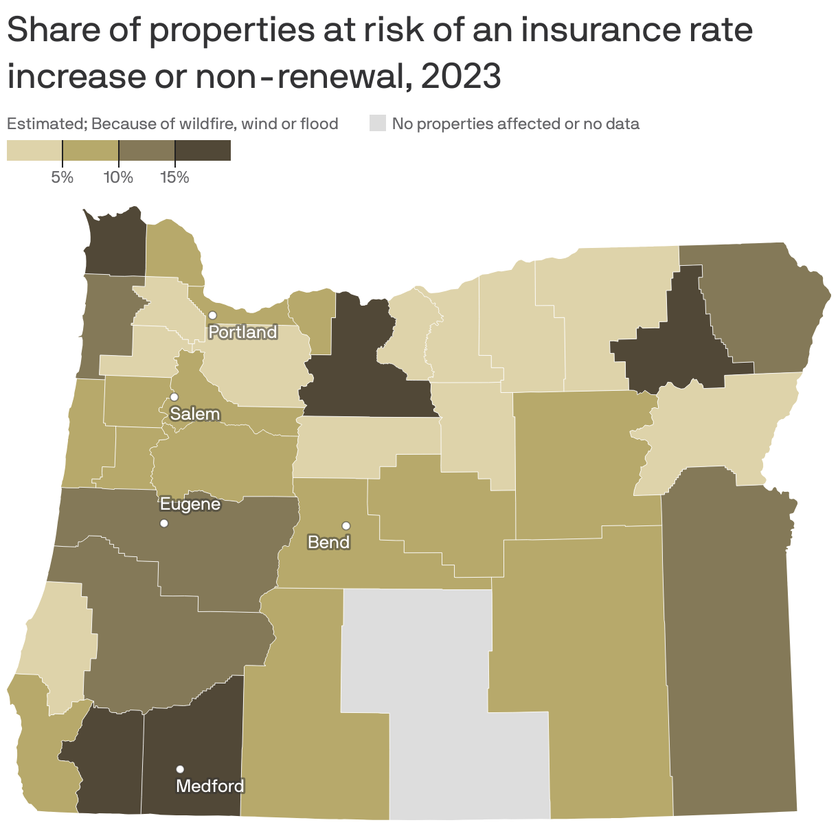 Map of Oregon counties showing the share of properties at risk an insurance rate increase or non-renewal in 2023. Of the 1.8 million properties in Oregon, 11% are at risk of an increase from either wildfire, wind or flood. 5% of properties are at risk from wildfire, 0% from wind and 7% from flood.