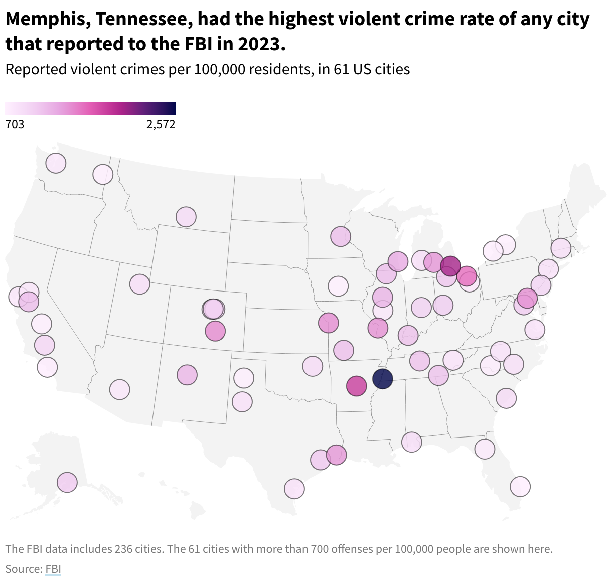 A map showing cities by violent crime rate.