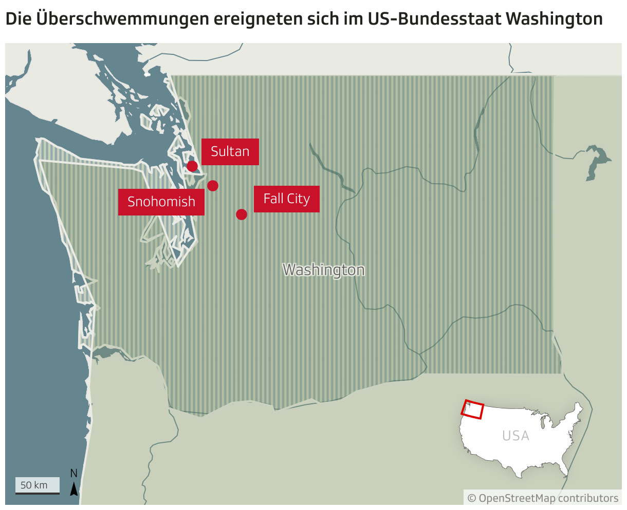 Die Überschwemmungen ereigneten sich im US-Bundesstaat Washington (Locator-Karte)