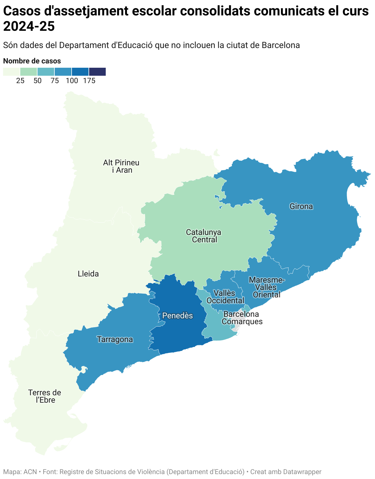 Casos d'assetjament escolar consolidats comunicats el curs 2024-25 (Choropleth map)