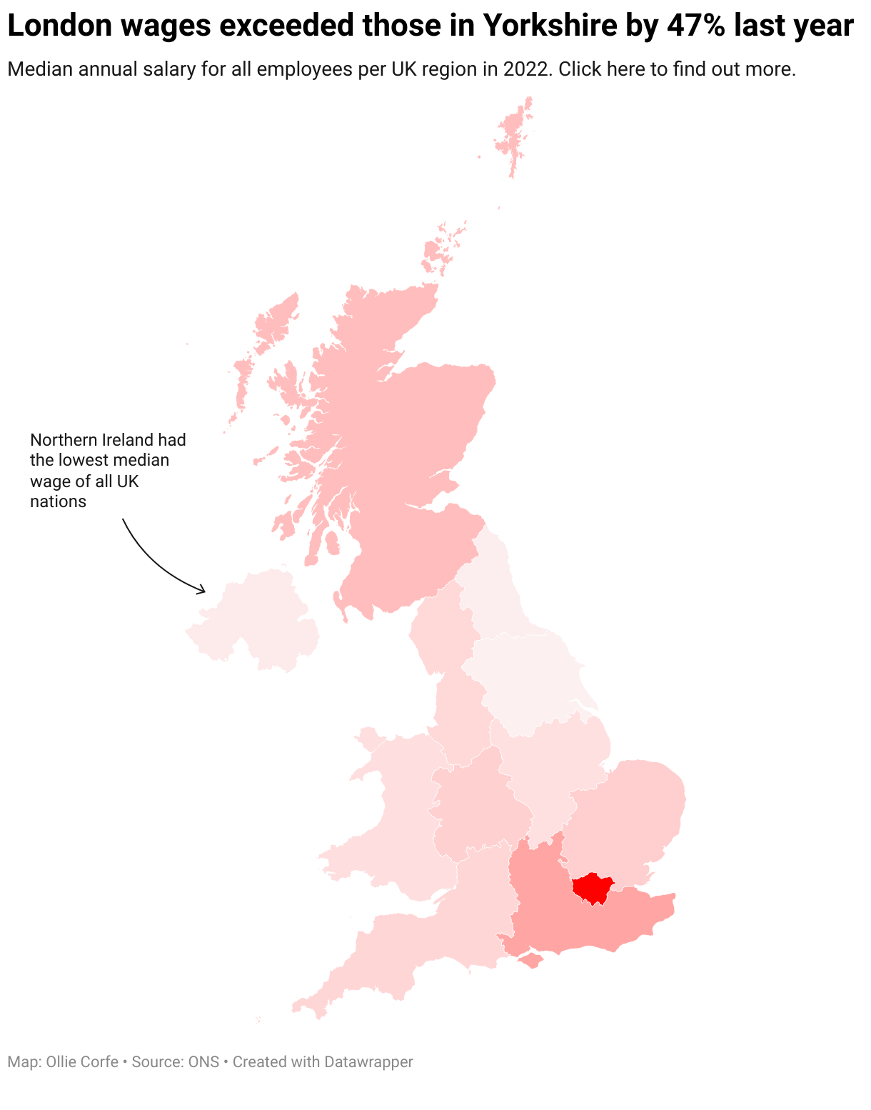 Map displaying median wage disparities between UK regions.