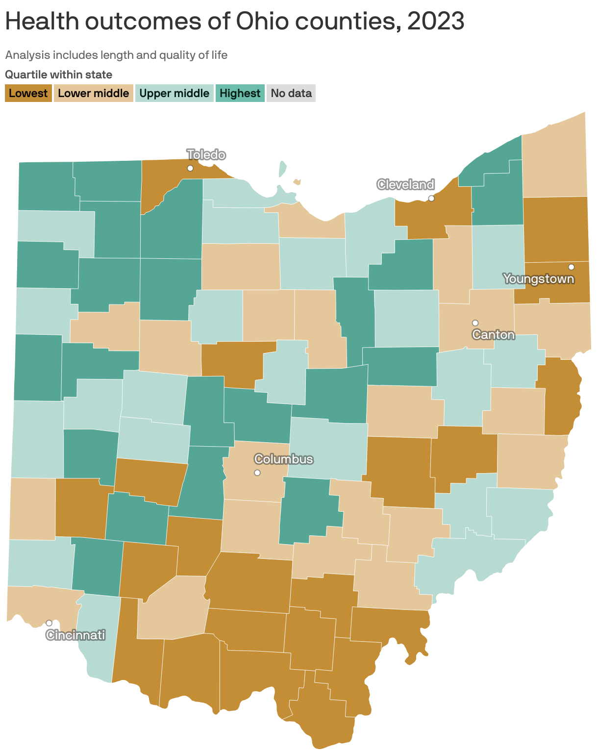 Health outcomes of Ohio counties, 2023