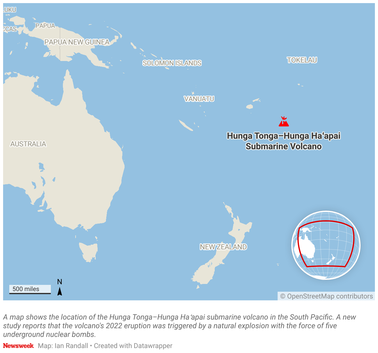 A map shows the location of the Hunga Tonga–Hunga Haʻapai submarine volcano in the South Pacific.