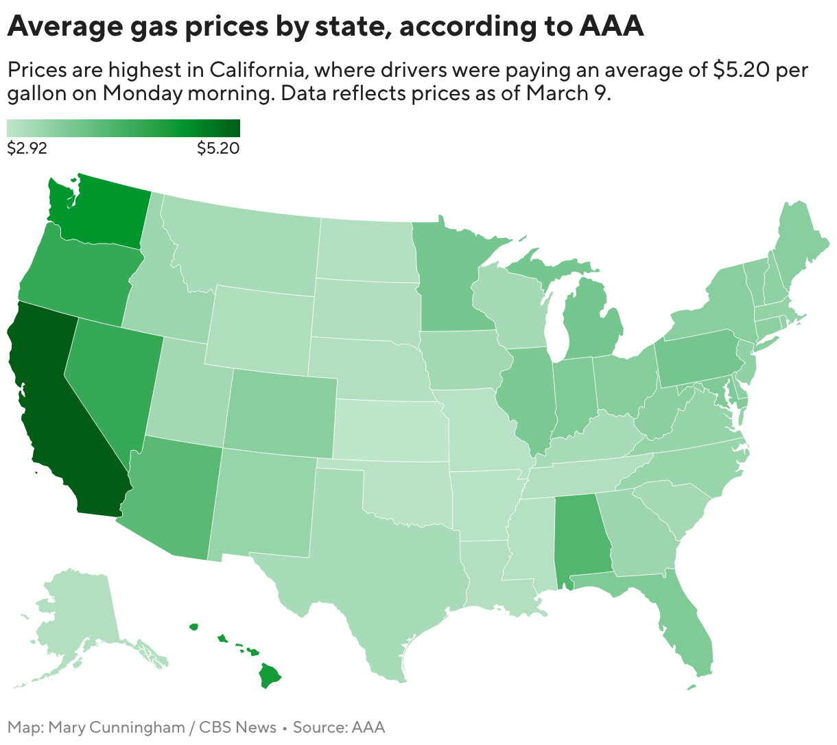 Average gas prices by state, according to AAA (Choropleth map)