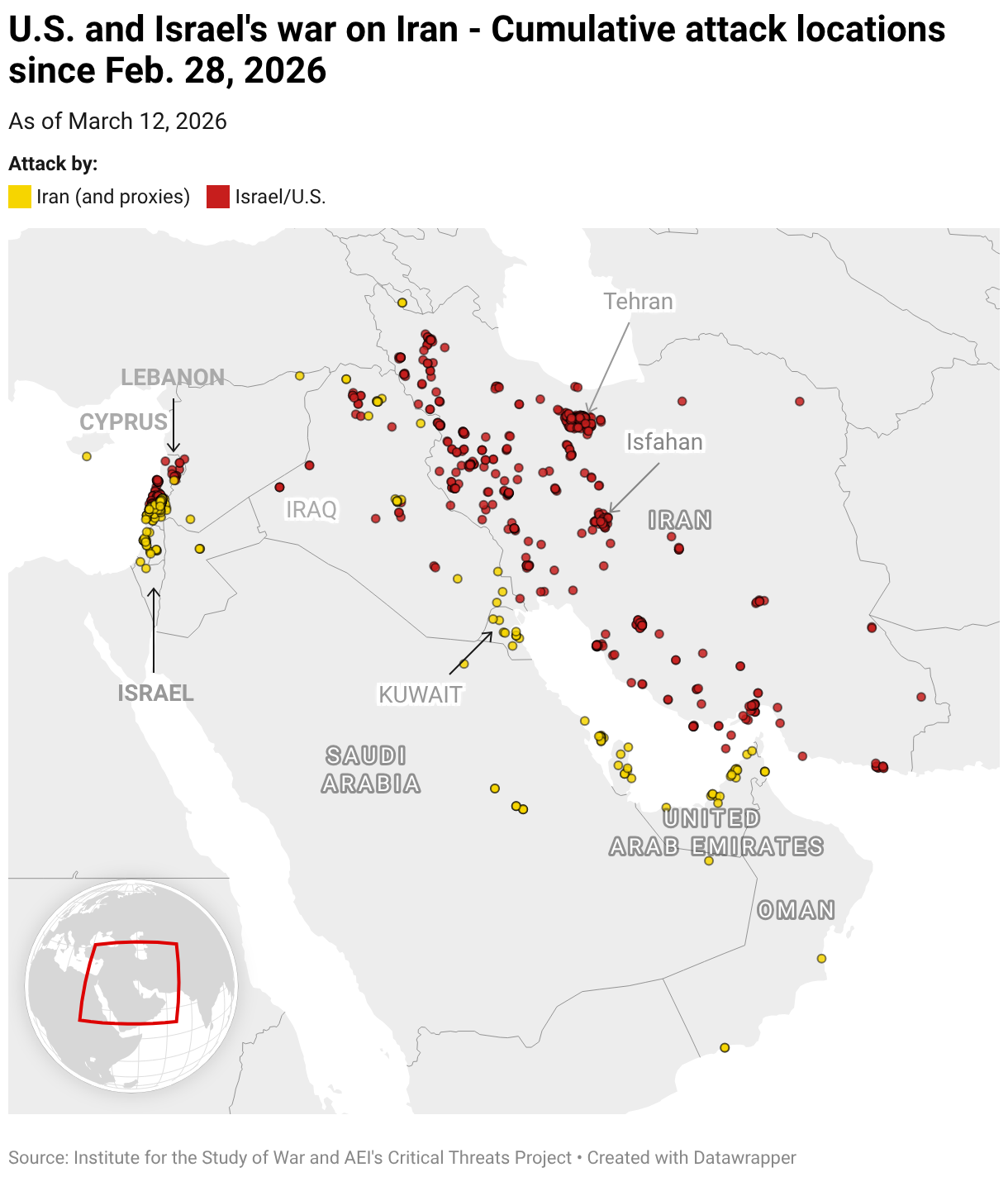 ईरान पर अमेरिका-इजरायल युद्ध - 28 फरवरी, 2026 से संचयी हमले के स्थान (प्रतीकात्मक मानचित्र)