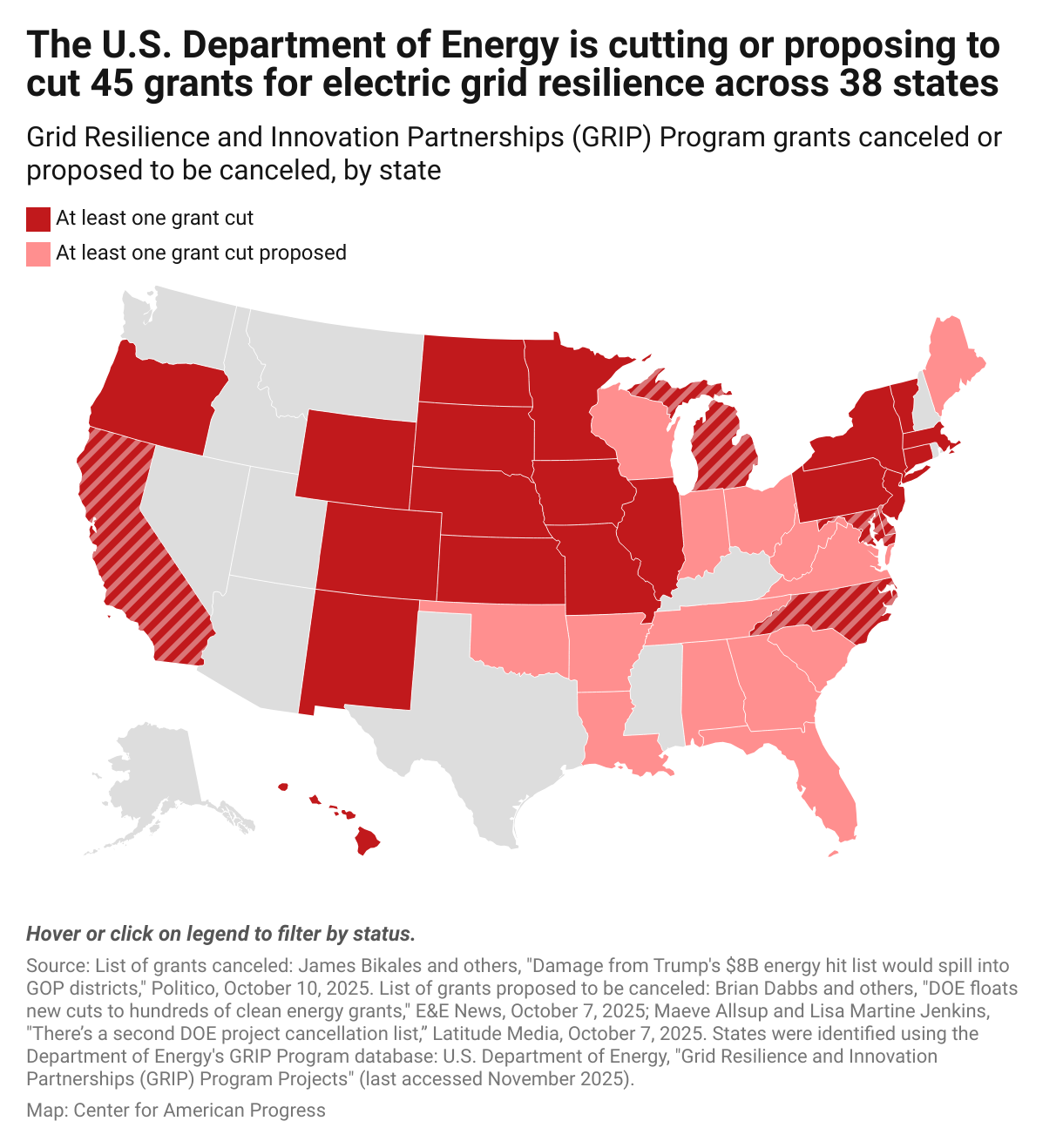 Map that shows GRIP grants have been canceled in 24 states and proposed to be canceled in 19 states.