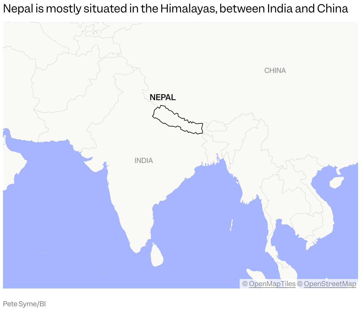 A map of Asia with the borders of Nepal outlined in blue, situated between China and India.