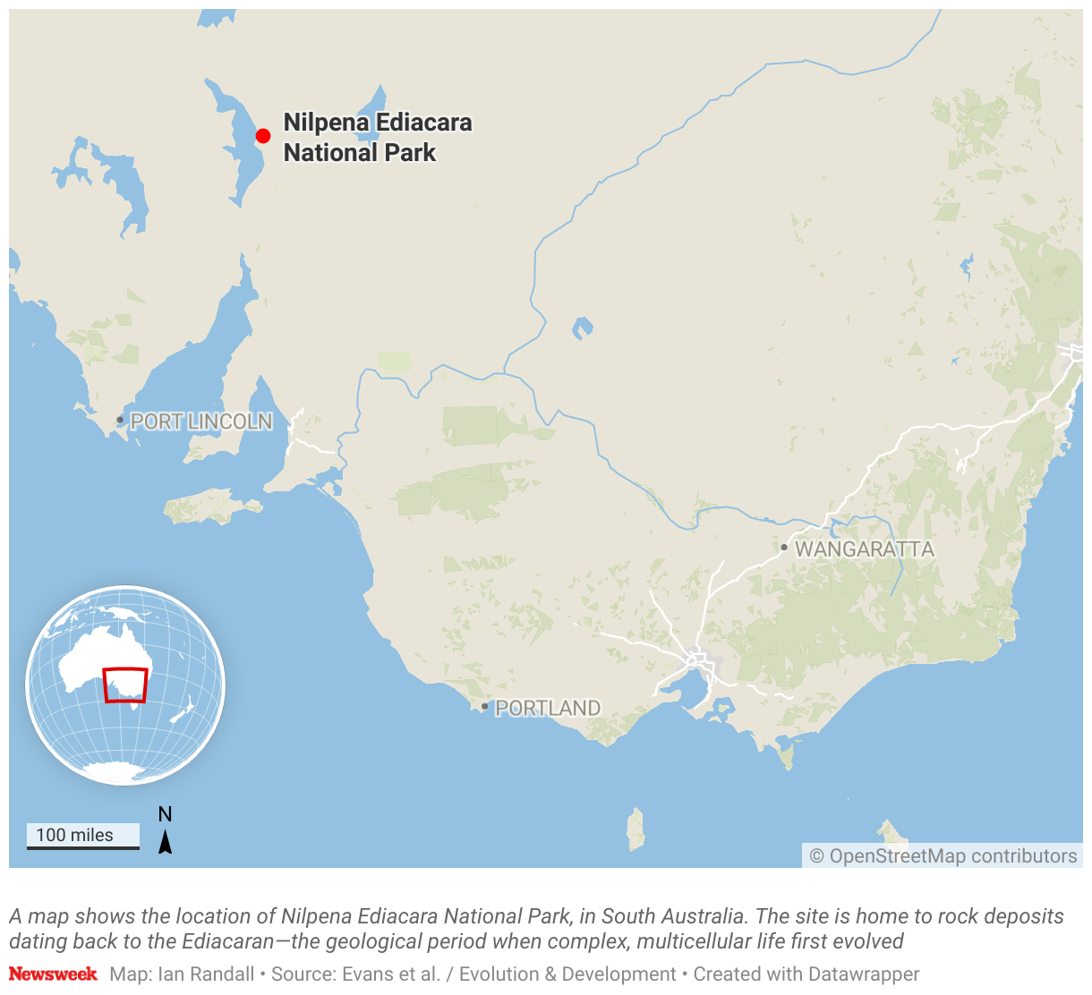 A map shows the location of Nilpena Ediacara National Park, in South Australia.