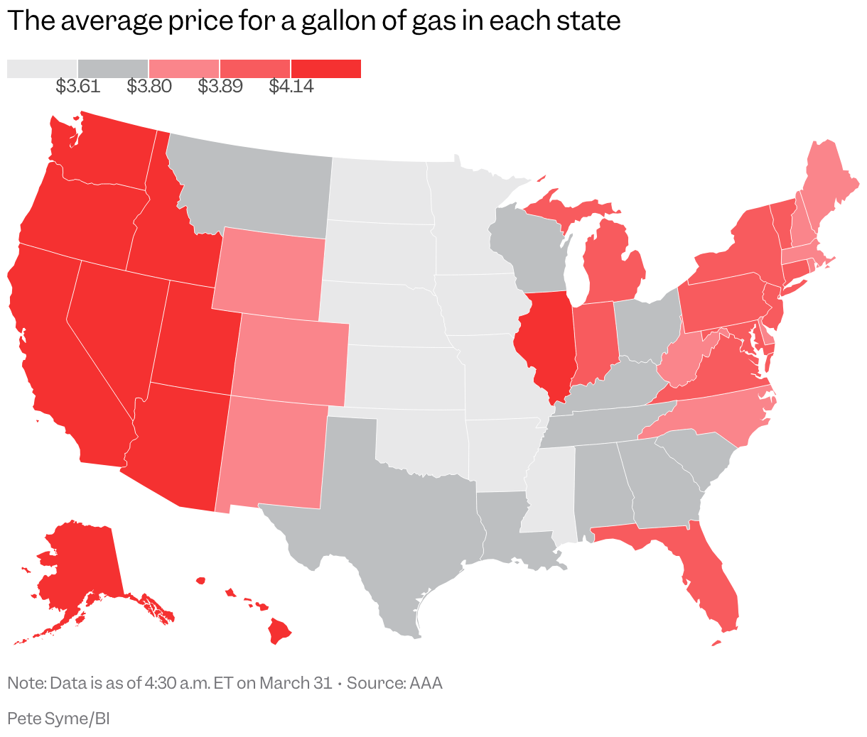 A chloropleth map of the US shows the price of dollar per state