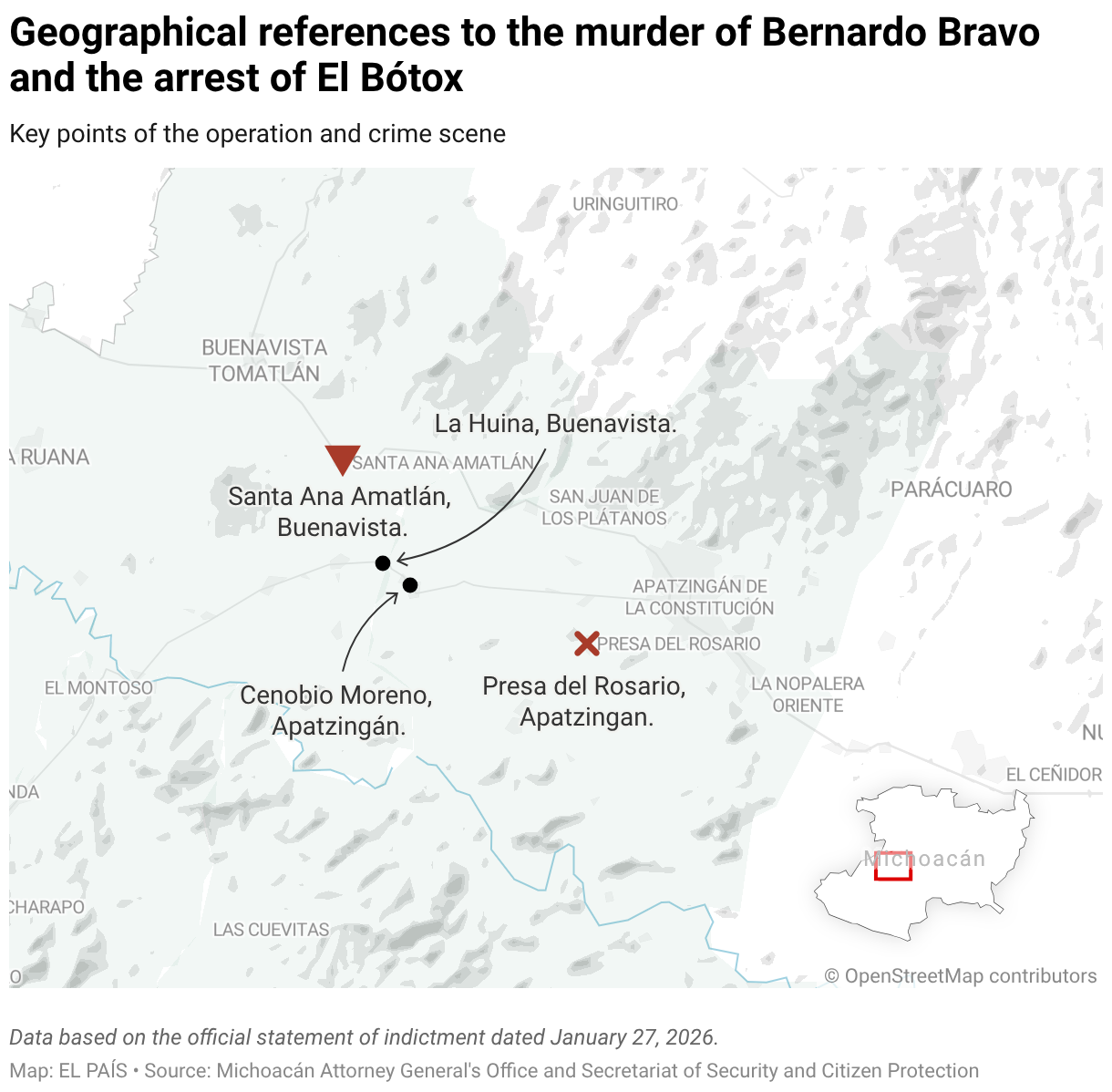 Geographical references to the murder of Bernardo Bravo and the arrest of El Bótox (Locator map)