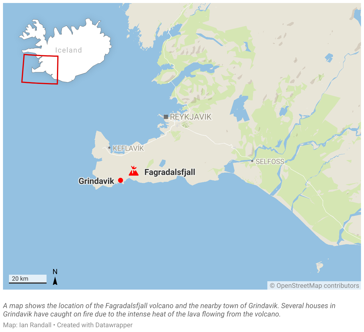 A map shows the location of the Fagradalsfjall volcano and the nearby town of Grindavik.
