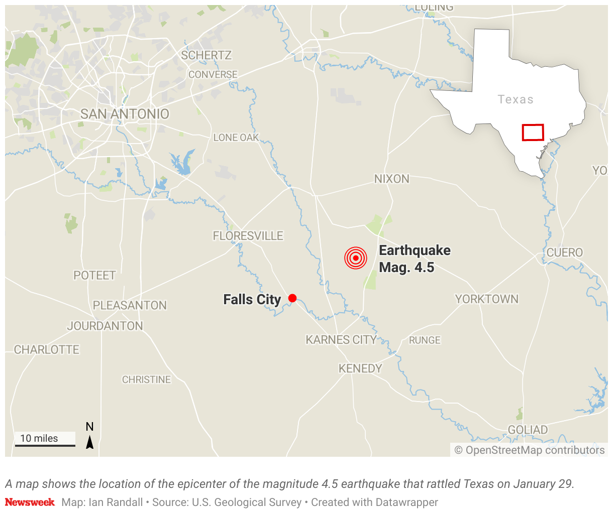 The map shows the location of the epicenter of the magnitude 4.5 earthquake, which shook Texas on January 29th.