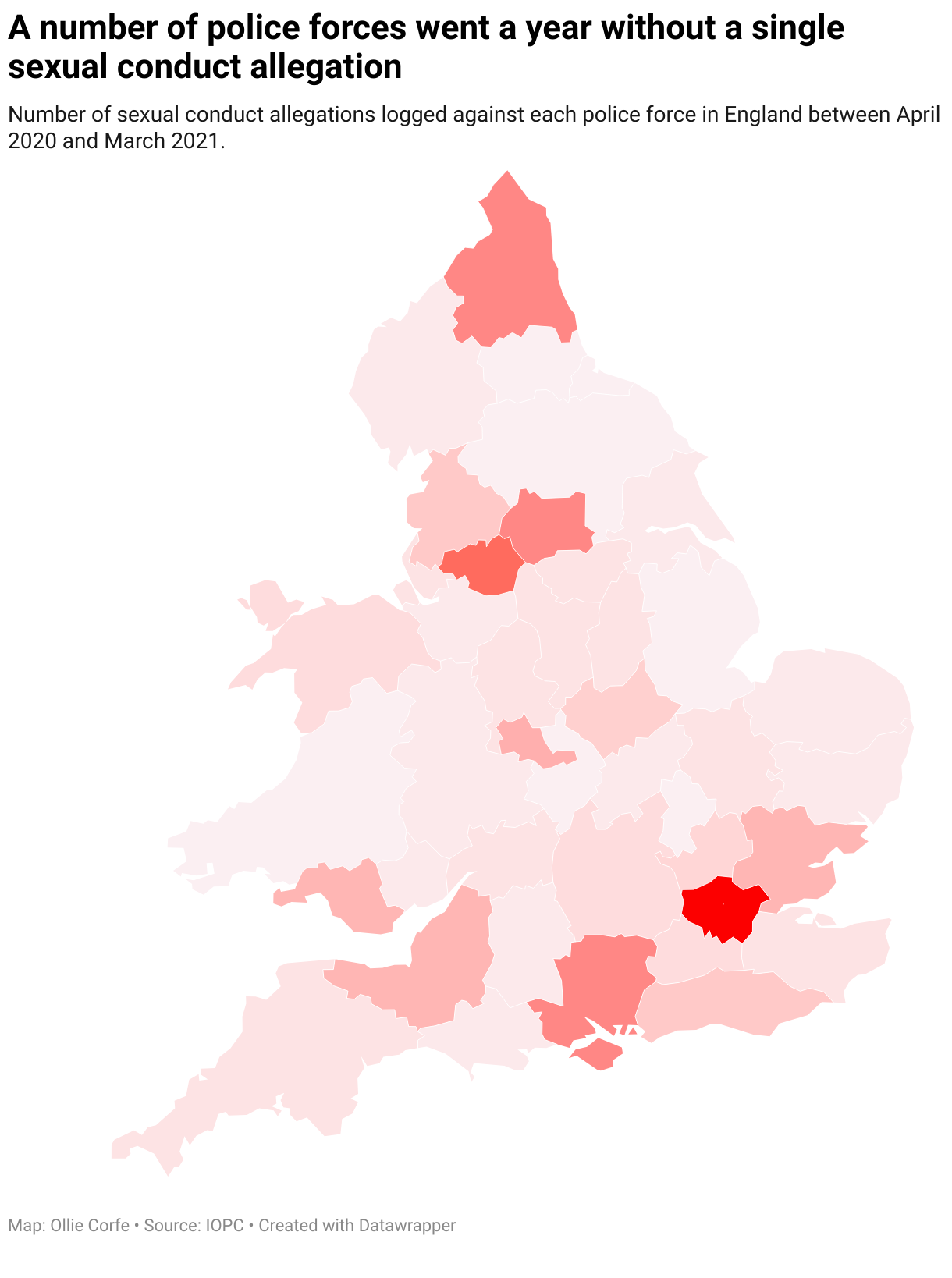 Map of England's police forces coloured by sexual misconduct cases.