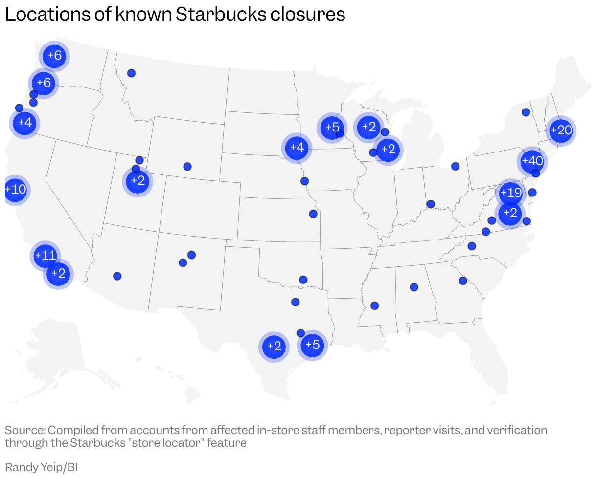 Map showing locations of known Starbucks closures. Clusters of closures include the NYC area, Maryland and DC area, and Southern California.