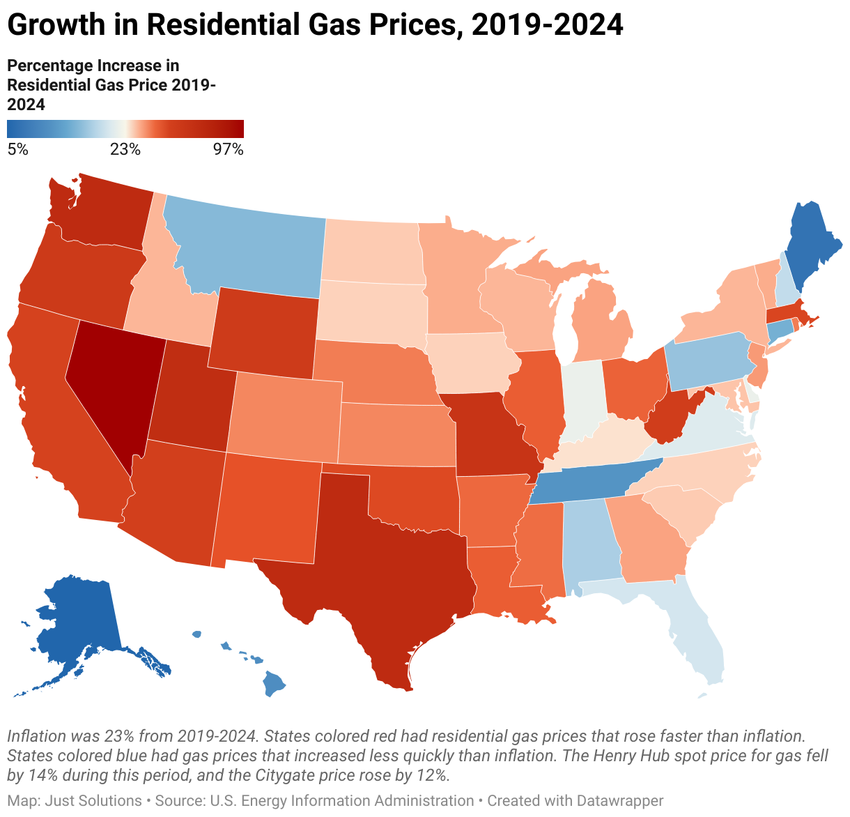 Map of the percentage increase in residential gas prices, by U.S. state, from 2019-2024.