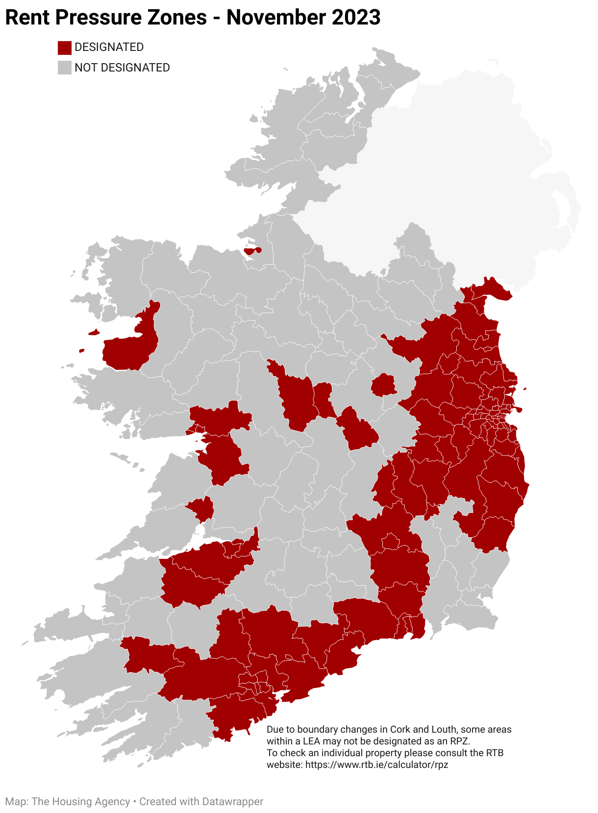 Map of Local Electoral Areas in Ireland showing which are designated as a Rent Pressure Zone in red and those which are not in grey. 