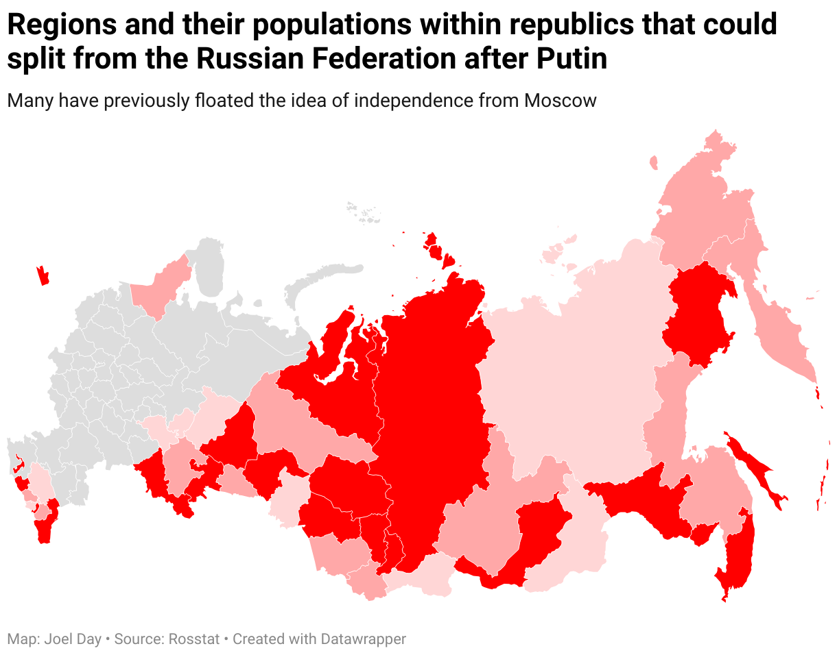 The map shows many regions within various Russian republics and their population sizes that could break away from the federation after Putin, according to an expert.